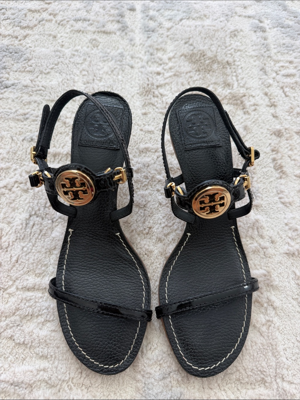 Tory Burch Black Leather Gold-Logo Slingback Heels Sandals
